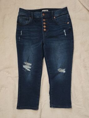 Maurices Dark Blue Distressed Capri Jeans with Exposed Button Front High Rise